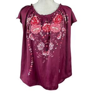 LC Lauren Conrad Floral Top Blouse Womens Sz XL Burgundy Pleat‎ Neck Keyhole Tie